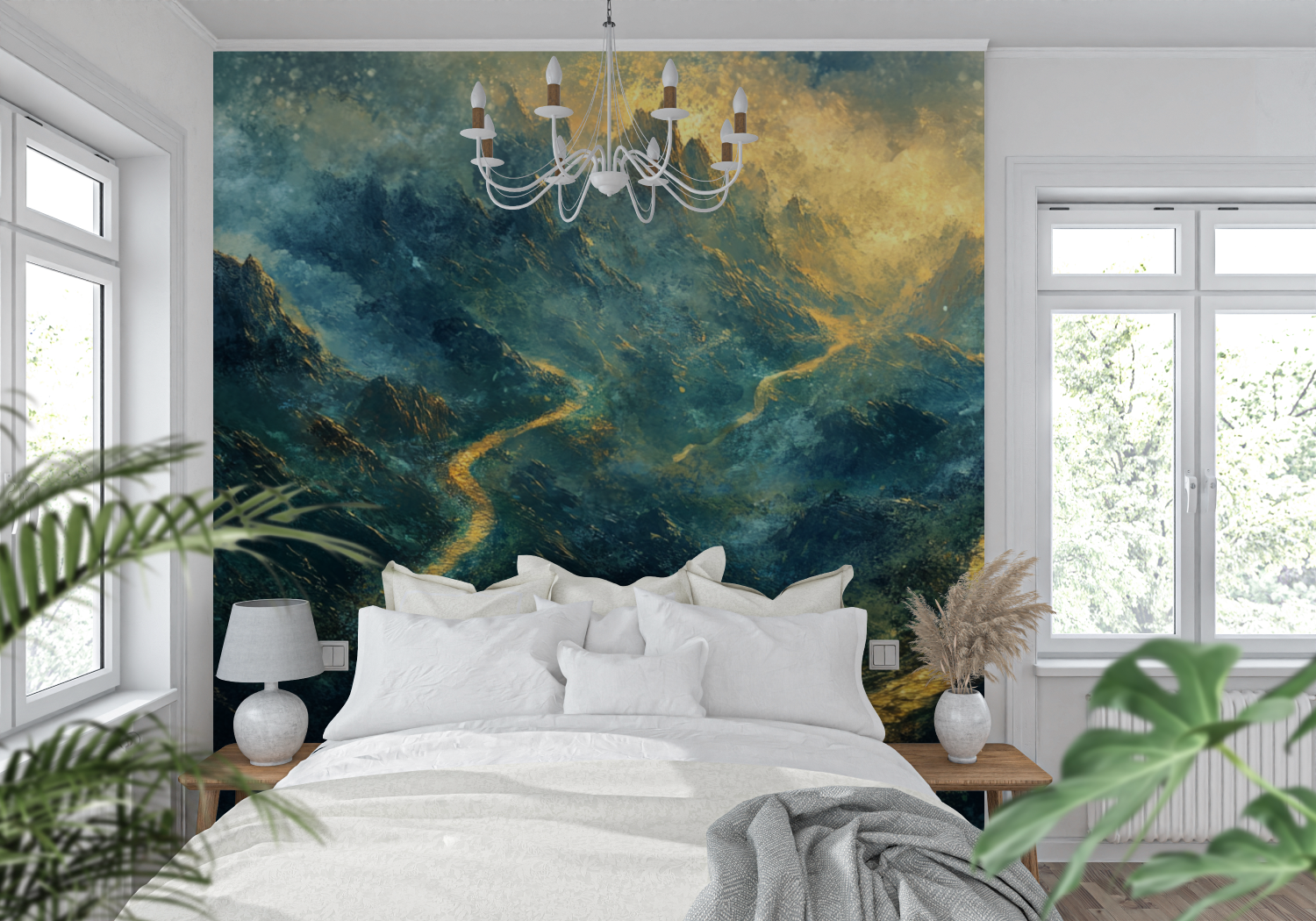 Papier peint aquarelle paysage sentier montagne tendance mur