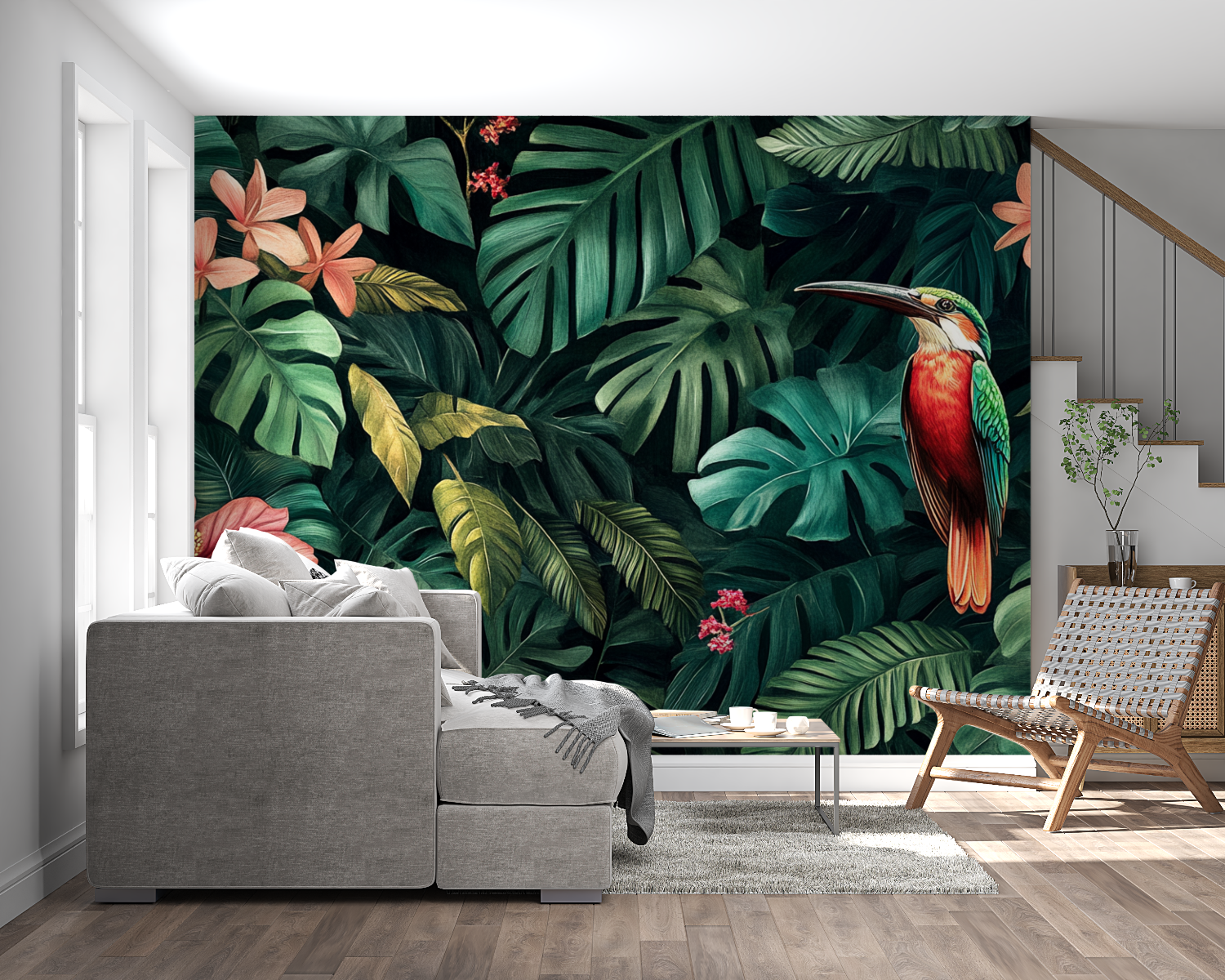 Papier peint aquarelle jungle exotique panoramique mural