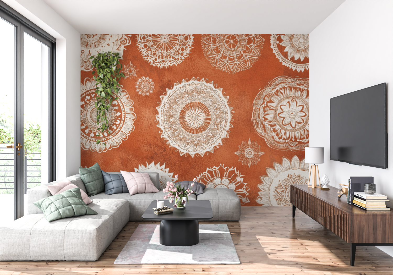 Papier peint terracotta mandala ethnique panoramique 4murs