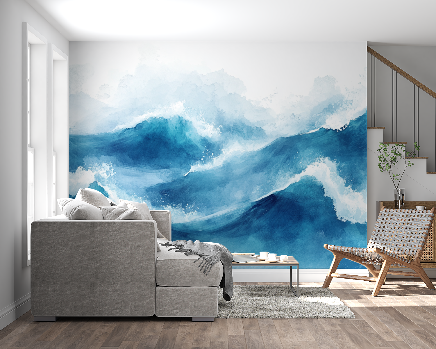 Papier peint aquarelle vague bl...ynamique panoramique mural