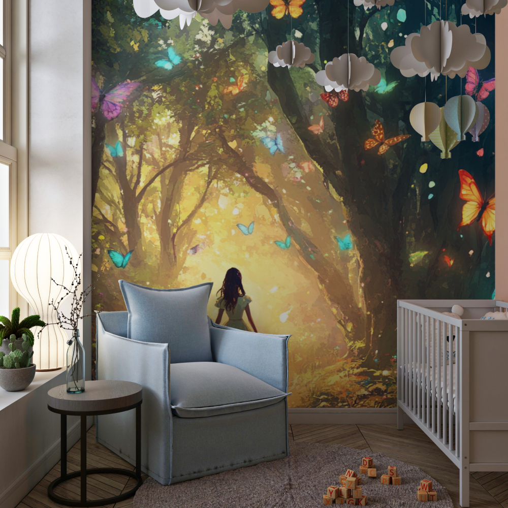 Papier peint princesse foret et papillons chambre de fille