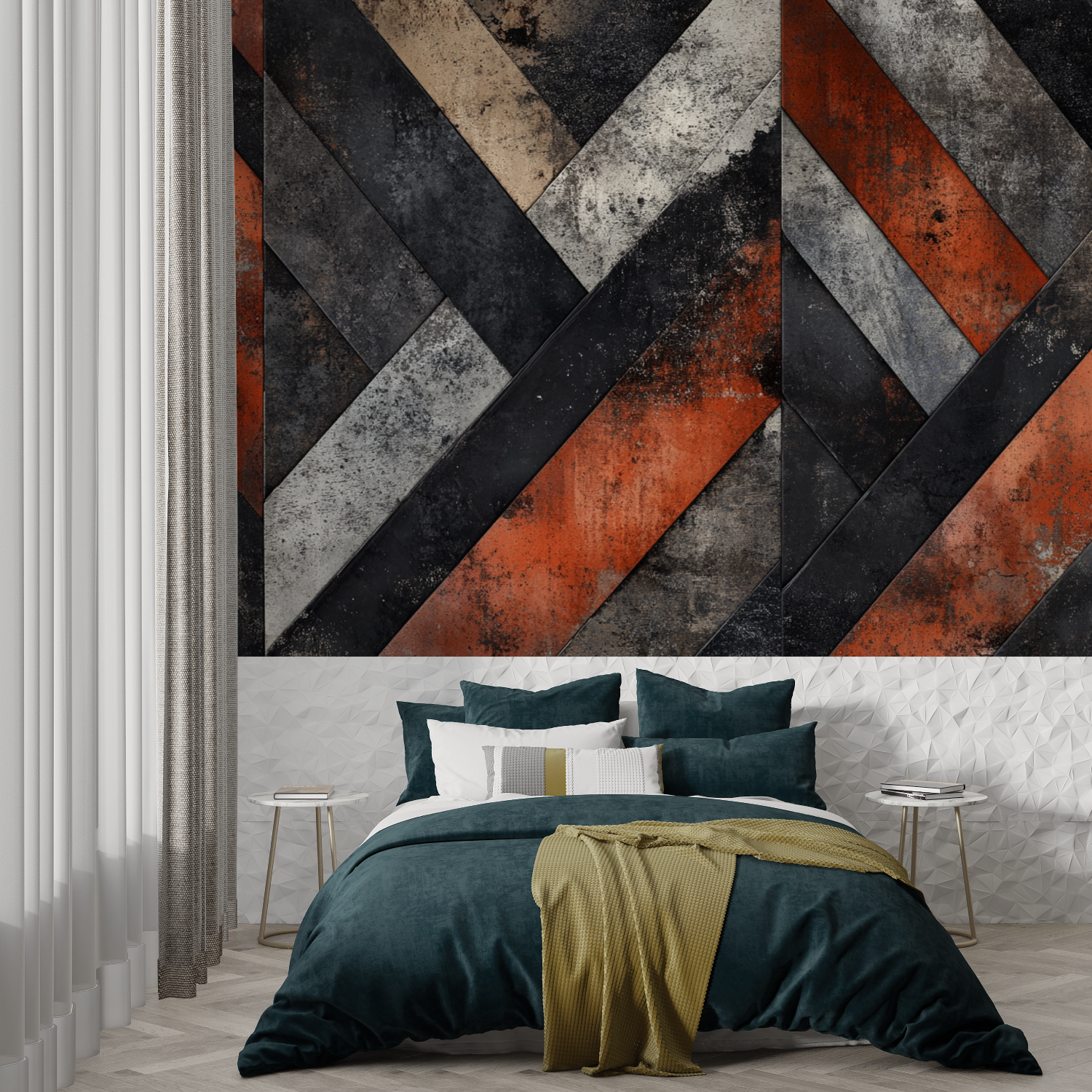 Papier peint terracotta et gris anthracite trompe loeil