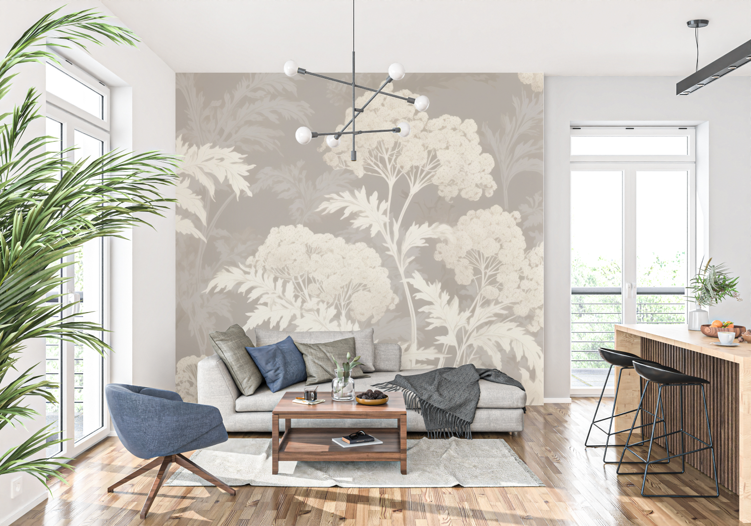 Papier Peint Toile De Jouy Coton Beige - panoramique-mur