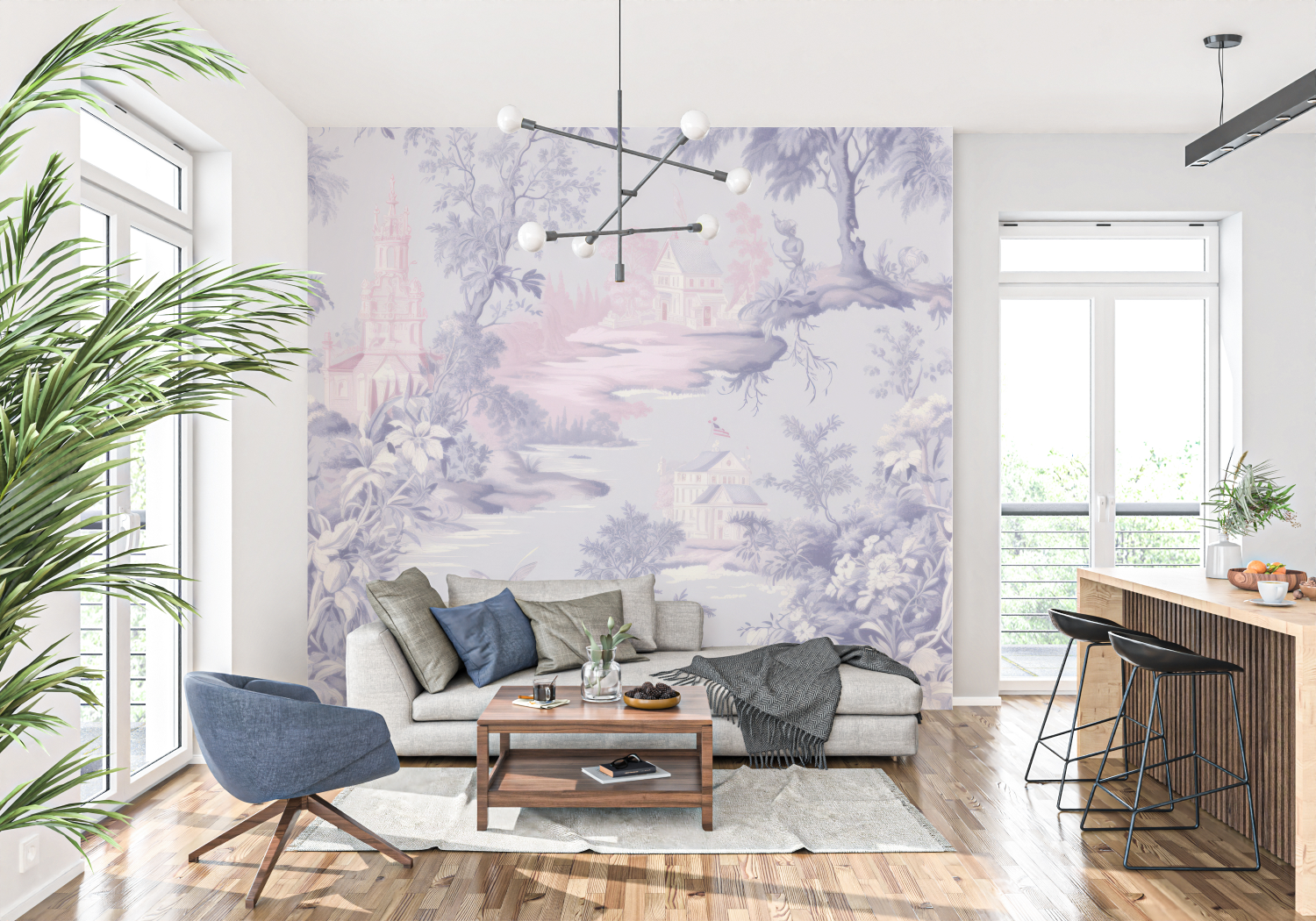 Papier Peint Toile De Jouy Rose Violet - panoramique-mur