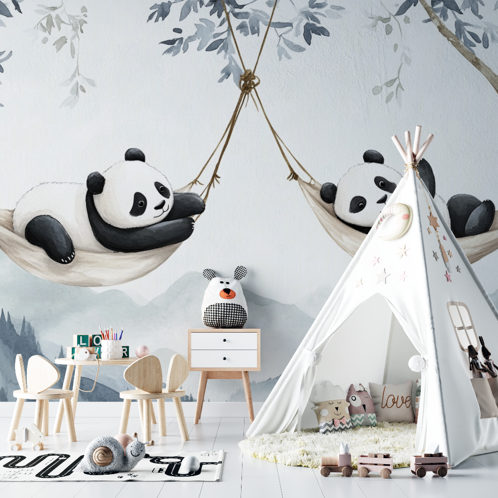 Papier peint panoramique panda bleu et hamac chambre bebe