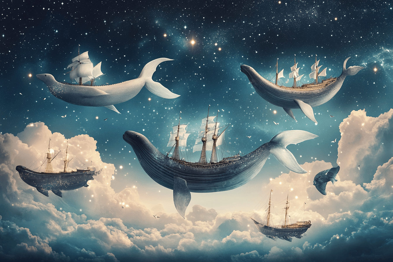 Papier Peint Marin Navires et Baleines dans le Ciel