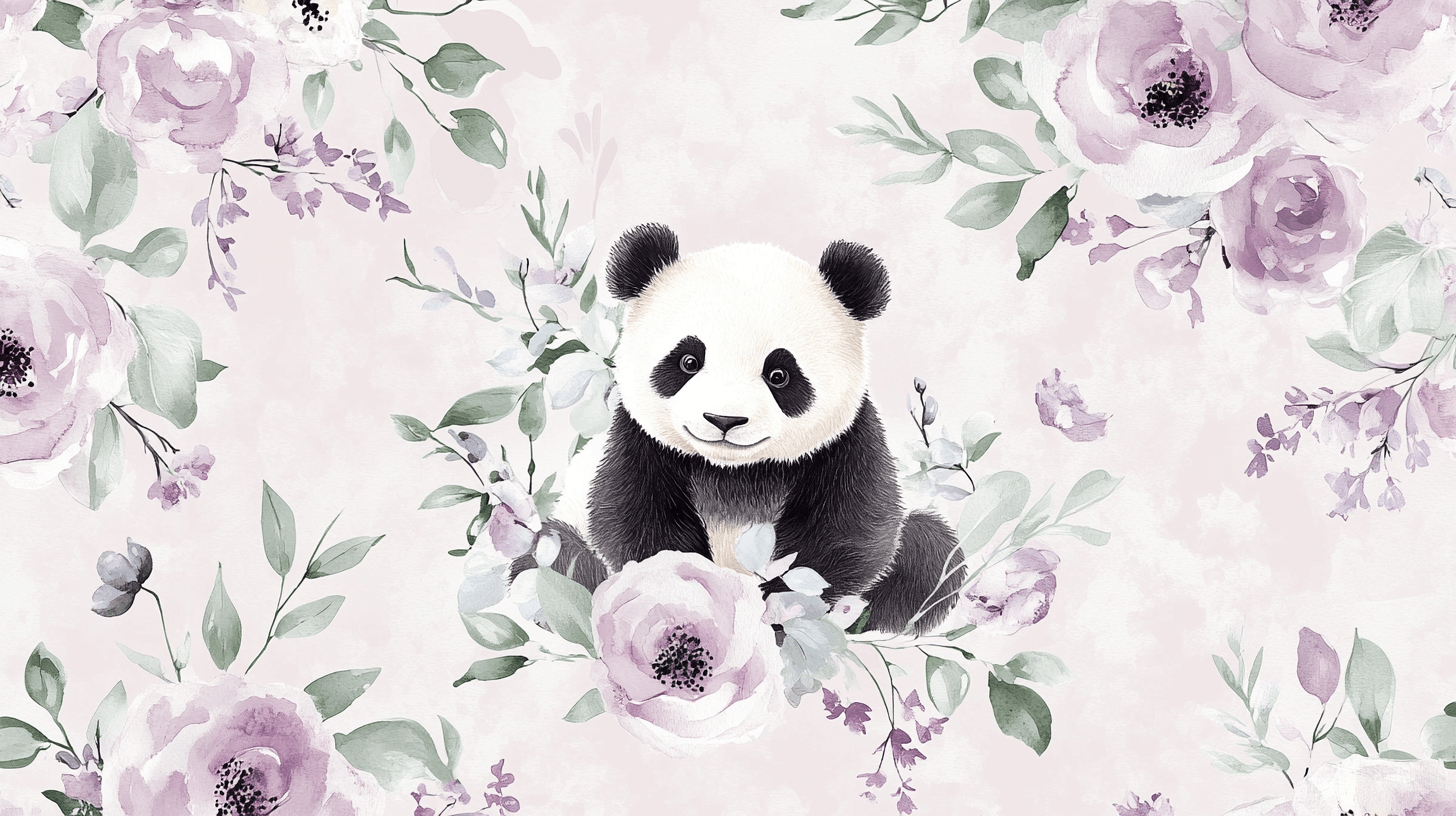 Papier Peint Panda Et Fleurs Délicates