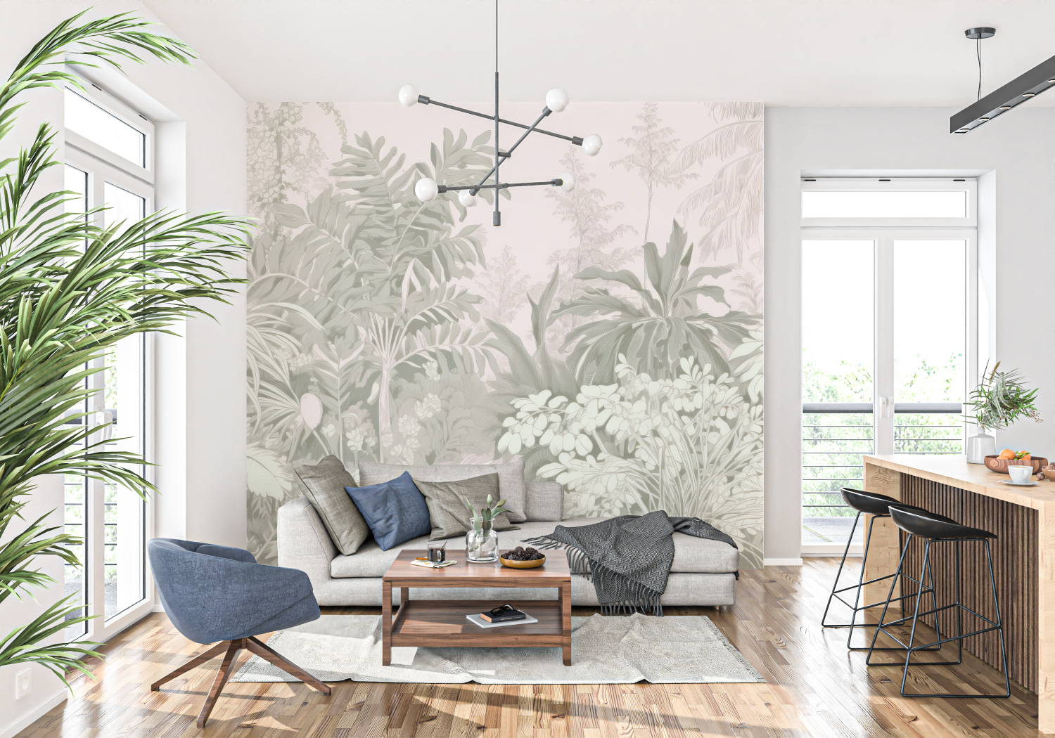 Papier Peint Toile De Jouy Jungle Rose - panoramique-mur
