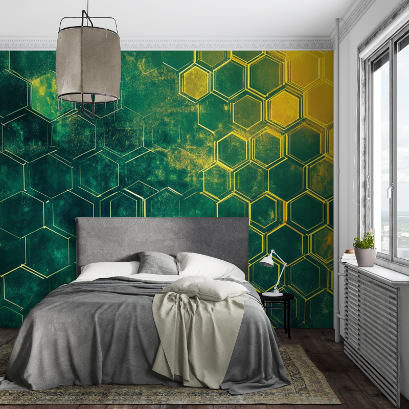 Papier peint enfant hexagones neon vert piece ados