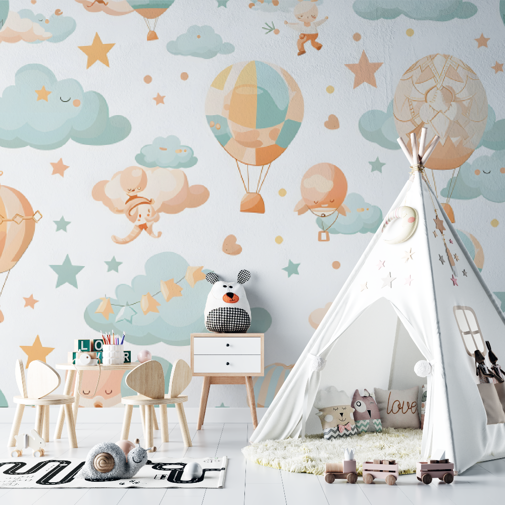 Papier peint bébé Montgolfières et nuages - bebe tipi