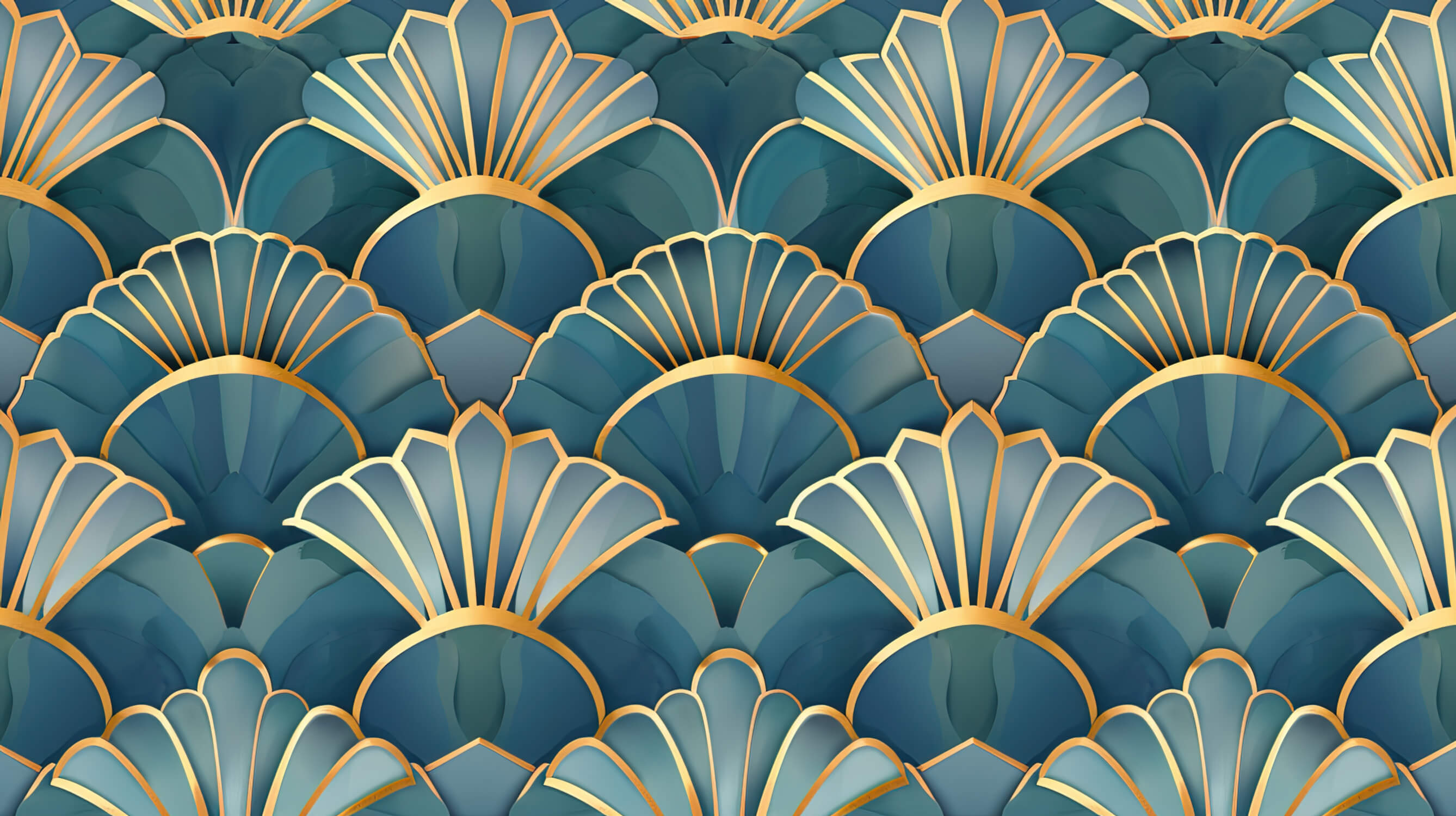 Papier Peint Art Déco Coquillages Bleu Or