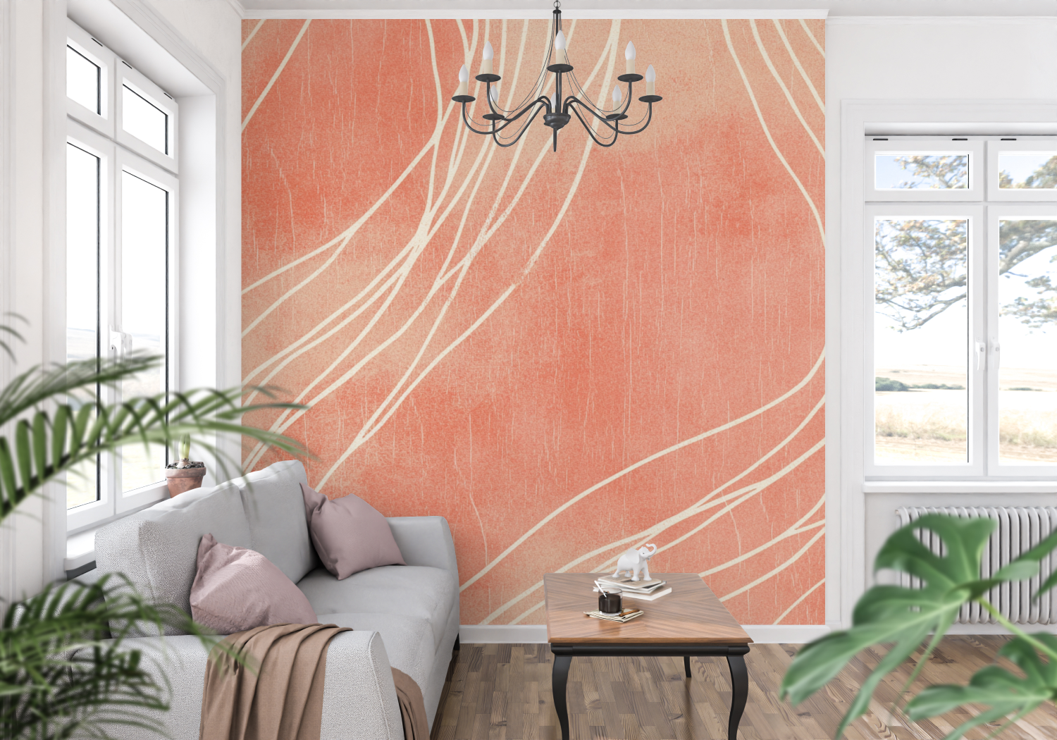 Papier peint terracotta et beige lineaire panoramique mur