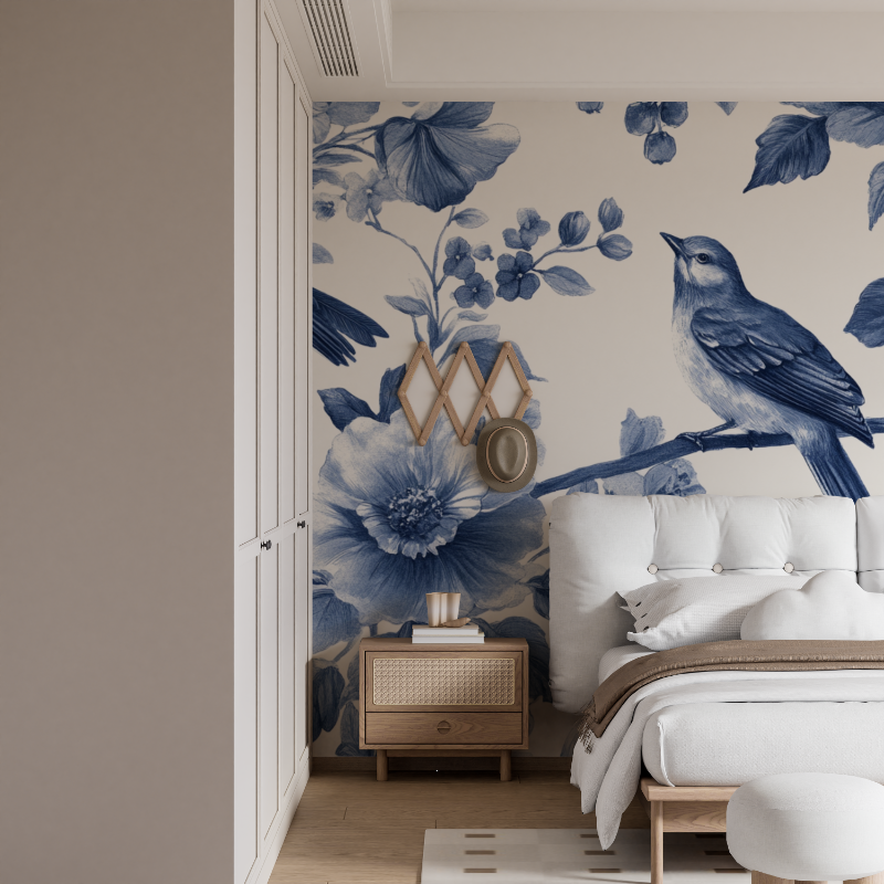 Papier peint aquarelle jardin bleu harmonieux mural