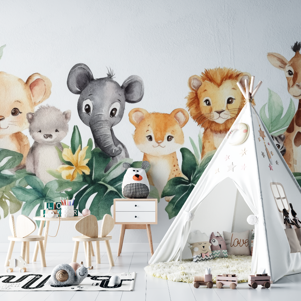 Papier peint lion pastel et amis chambre bebe