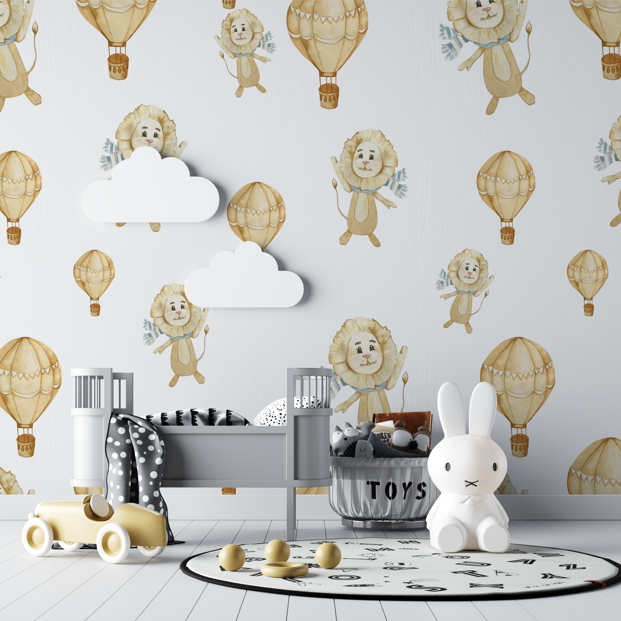 Papier peint lion et montgolfiere bebe tipi