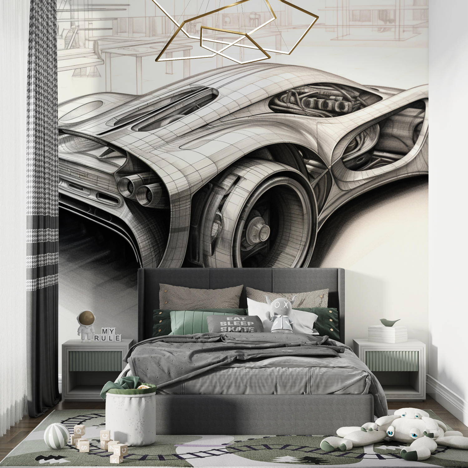 Papier peint dessin technique voiture chambre de garcon