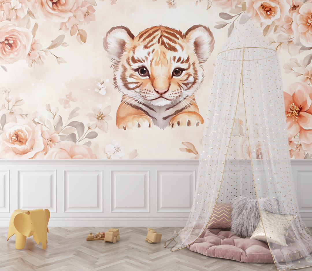 Papier peint tigre floral bebe