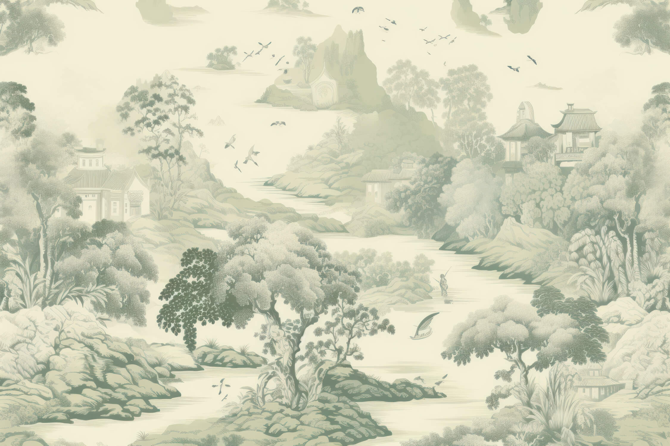 Papier Peint Toile De Jouy Foret Verte