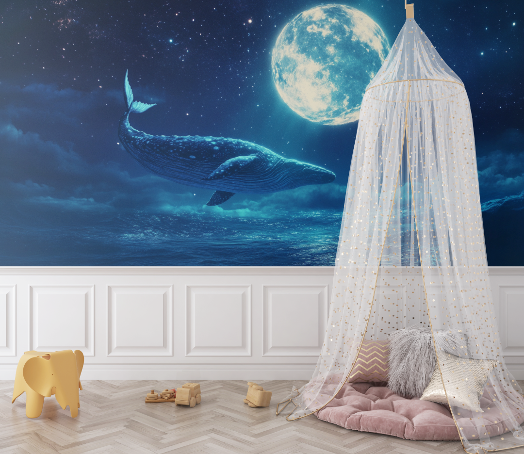 Papier peint baleine et lune bebe