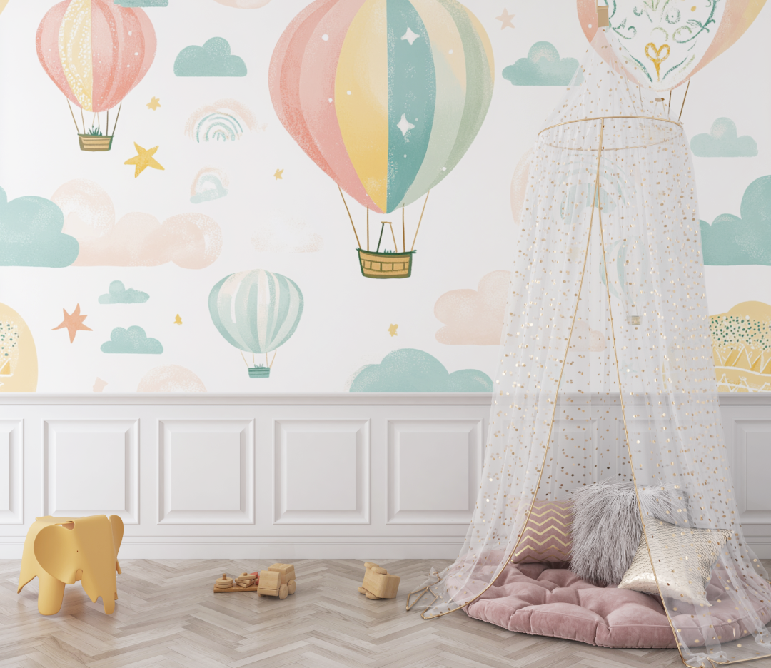 Papier peint montgolfiere et arc en ciel doux bebe