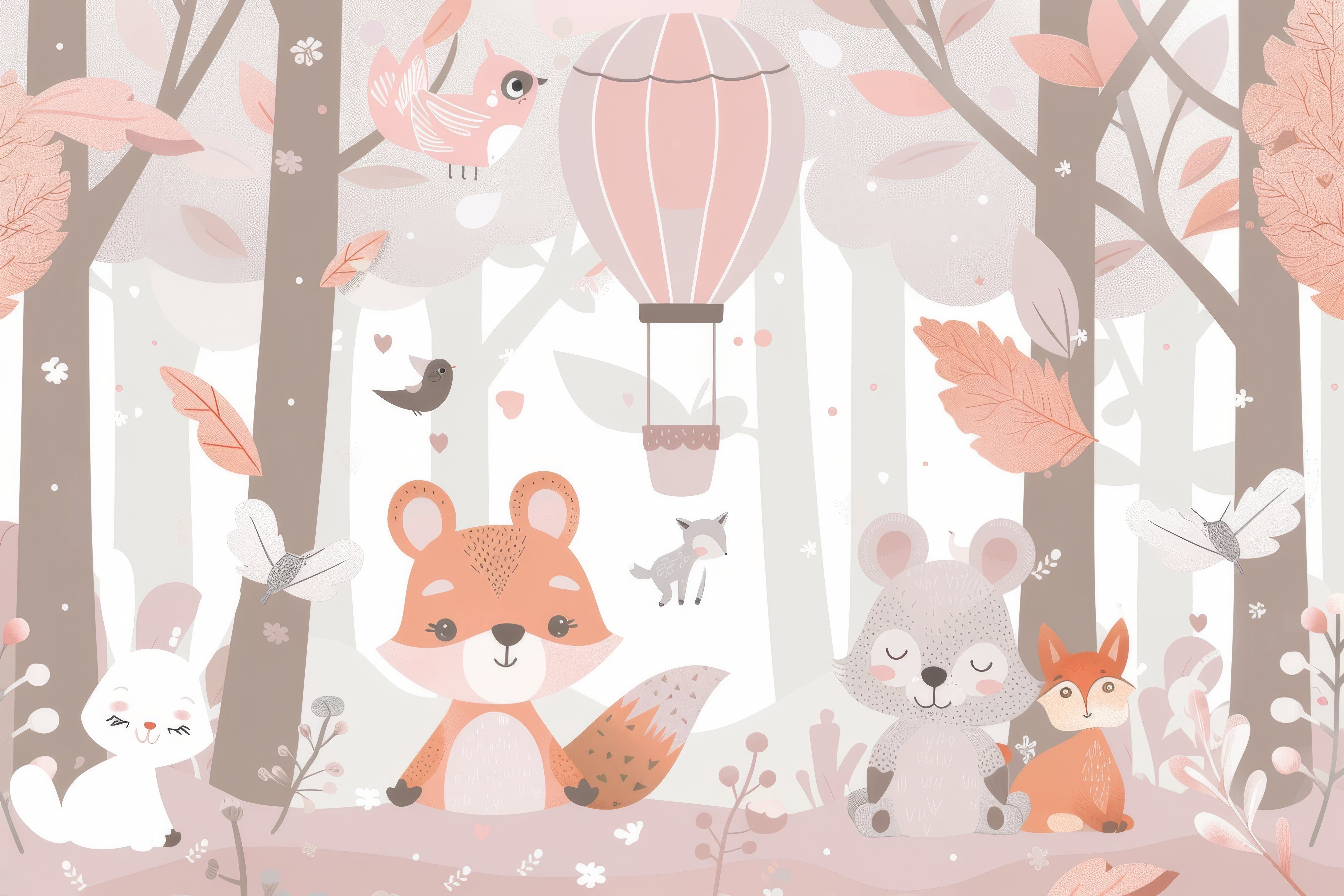 Papier peint bébé Amis de la forêt rose