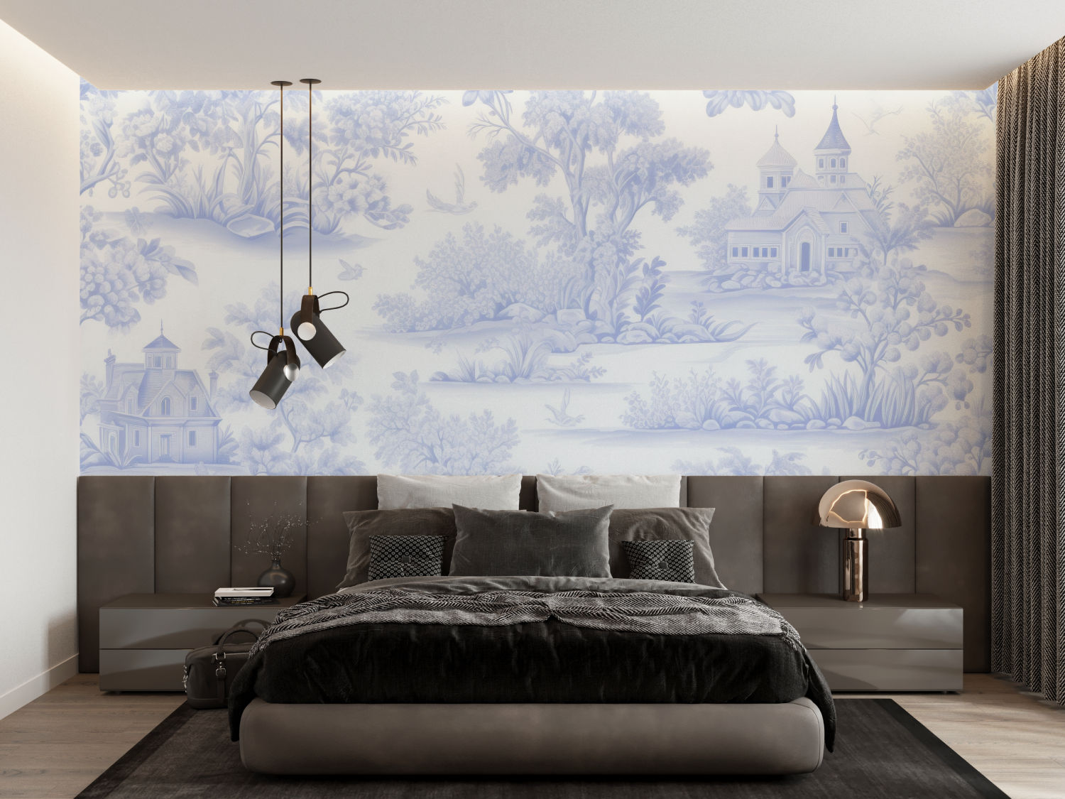 Papier Peint Toile De Jouy Bleu Pastel - trompe l'oeil