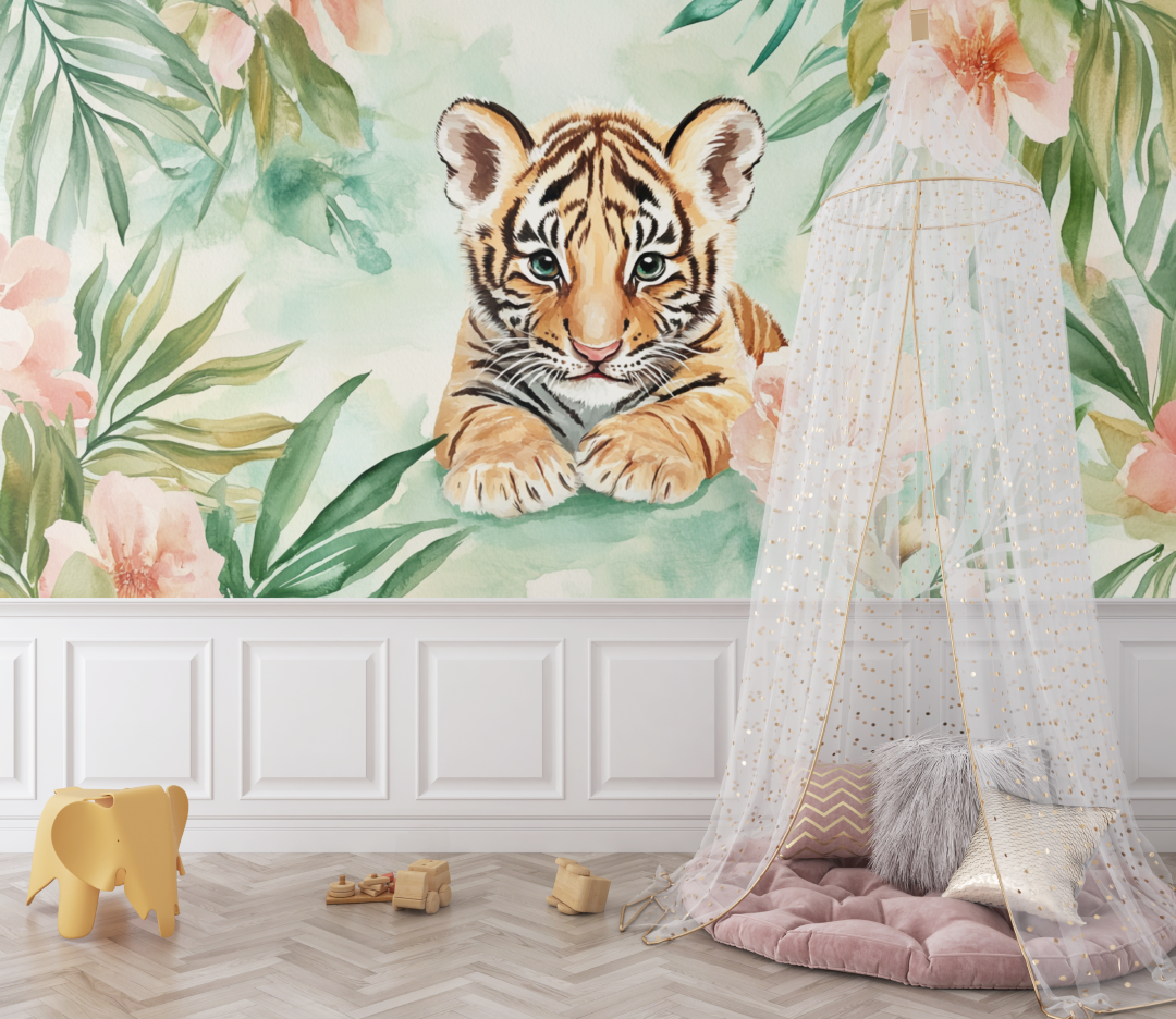 Papier peint tigre et feuillage aquarelle bebe