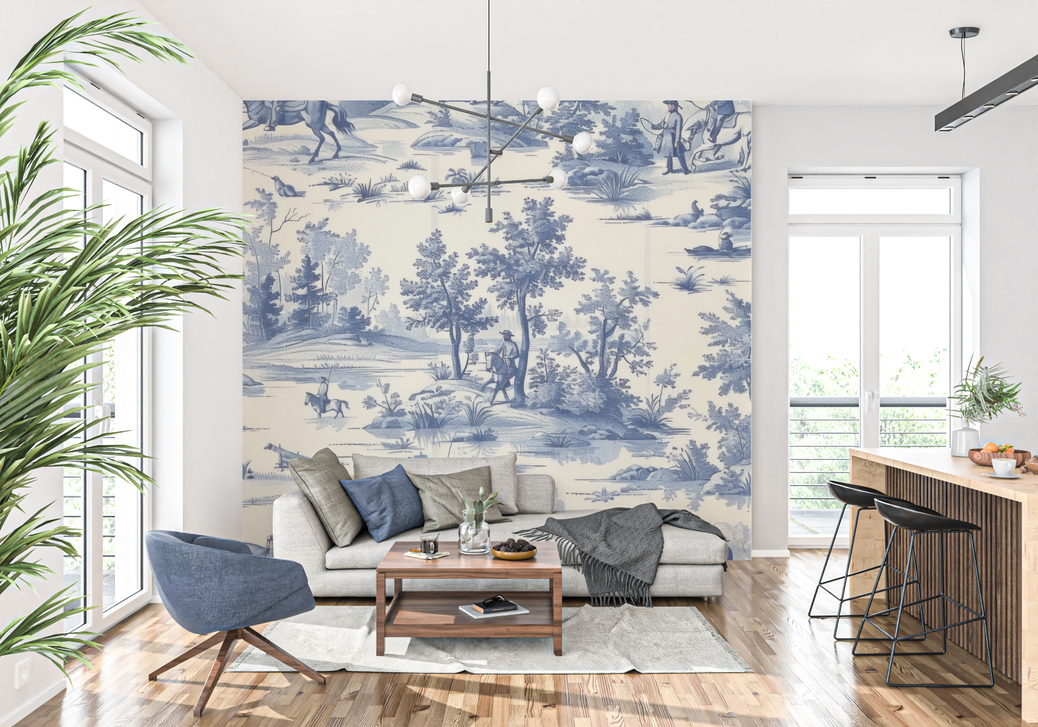 Papier Peint Toile De Jouy Dessin Bleu - panoramique-mur