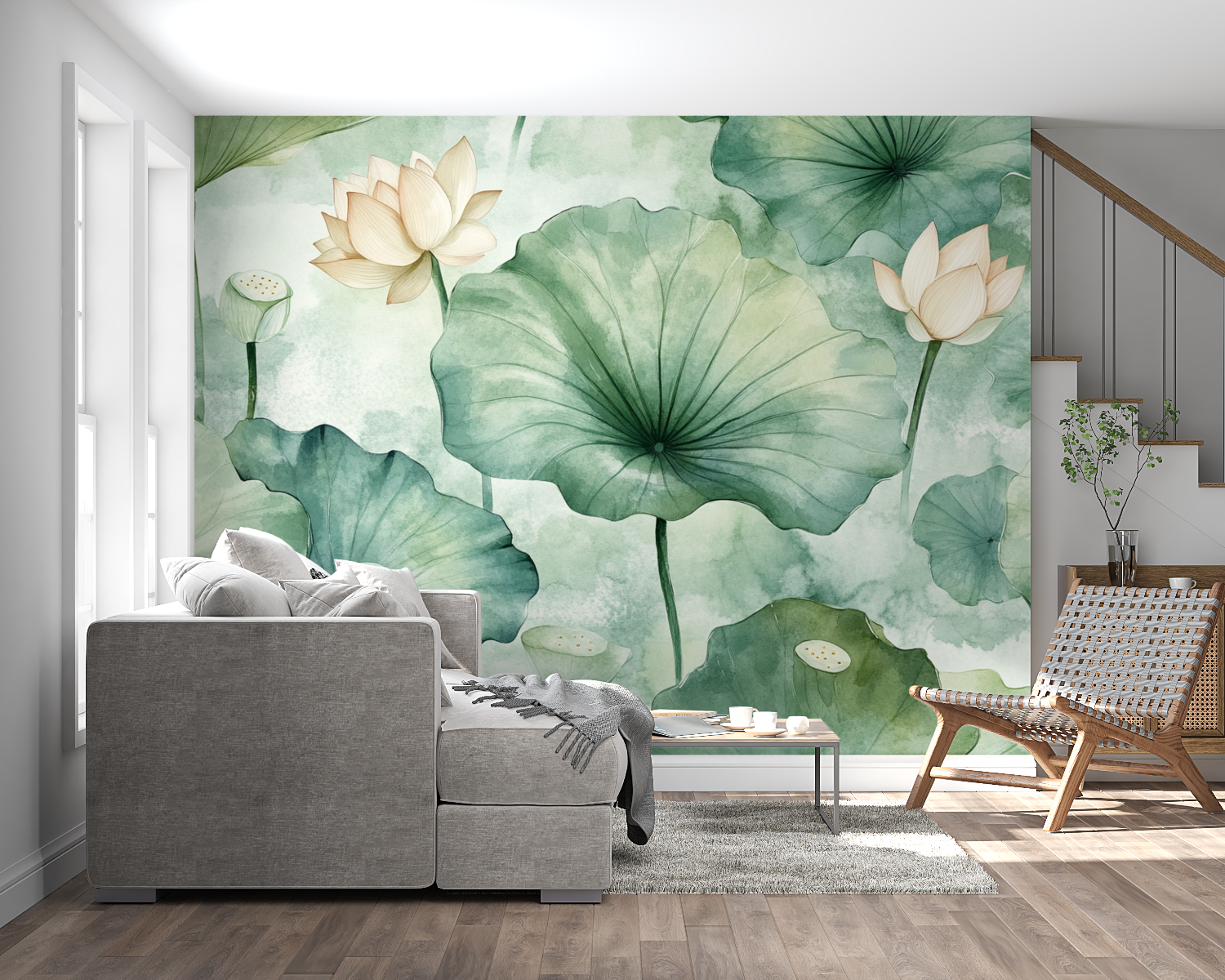 Papier peint aquarelle feuilles...s pastel panoramique mural