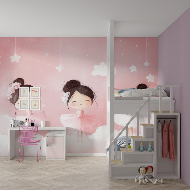 Papier peint princesse trio ballerines mur chambre fille