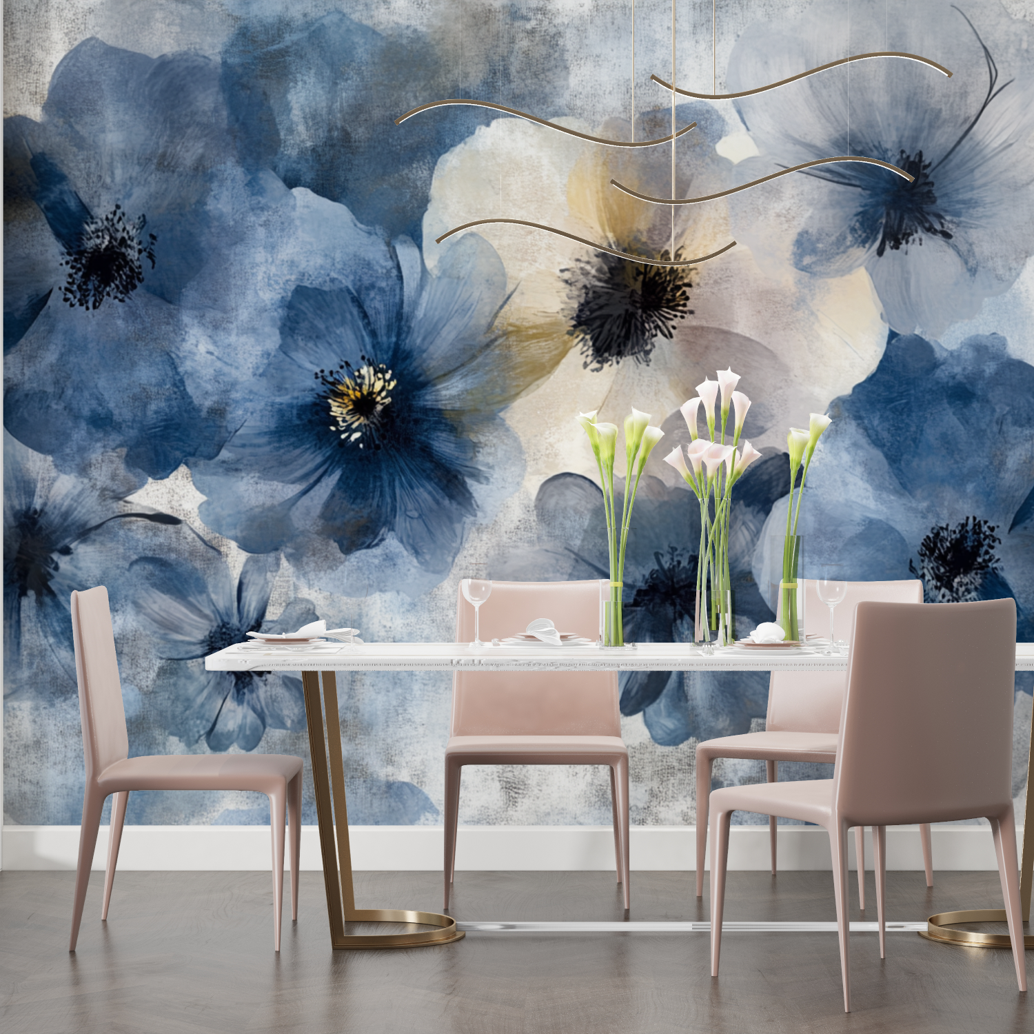 Papier peint aquarelle fleurs abstraites sur beton salon