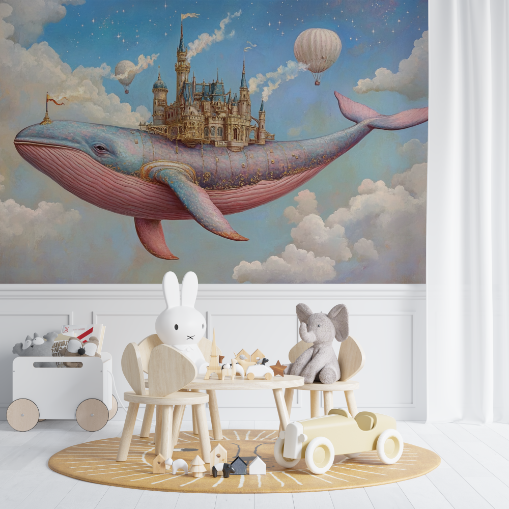 Papier peint baleine volante et chateau chambre de bebe