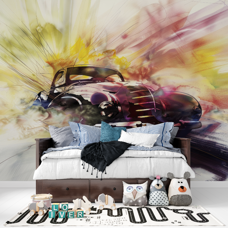 Papier peint voiture vintage aquarelle panoramique garcon