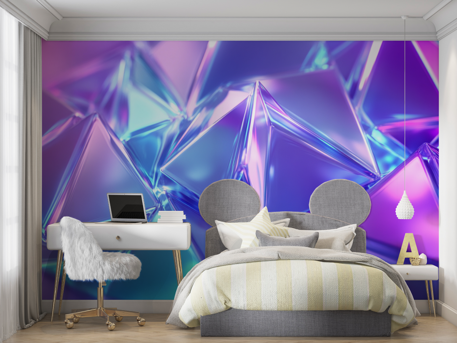 Papier peint cristaux neon bleu mur chambre panoramique