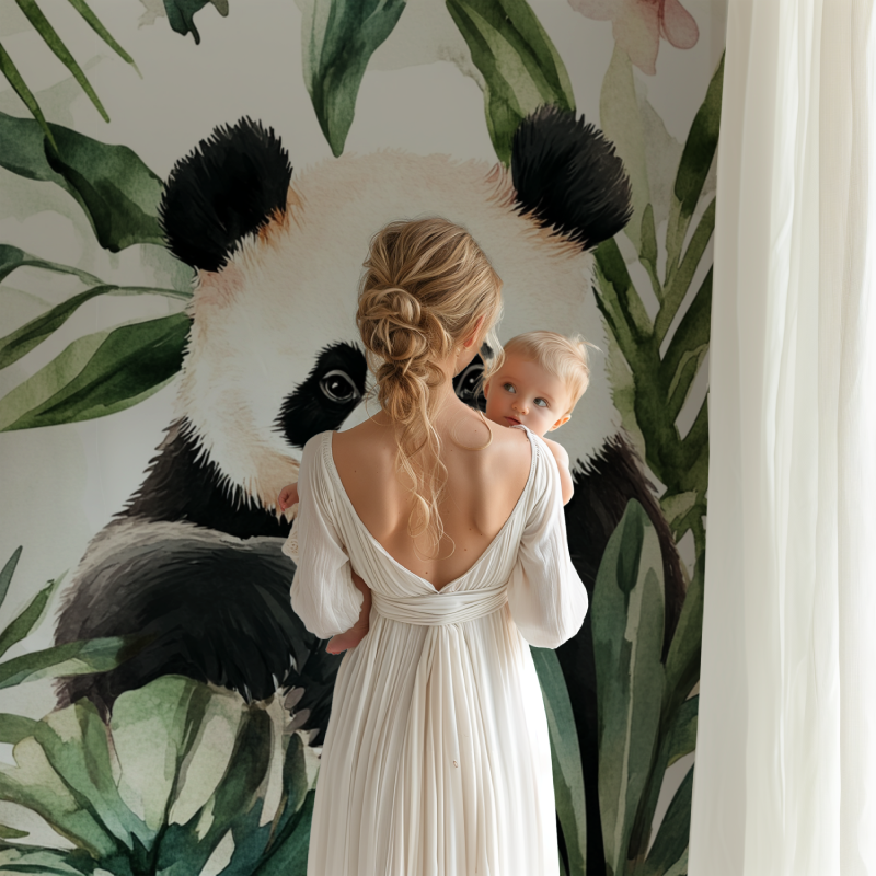 Papier peint panda et feuillage tropical bb123