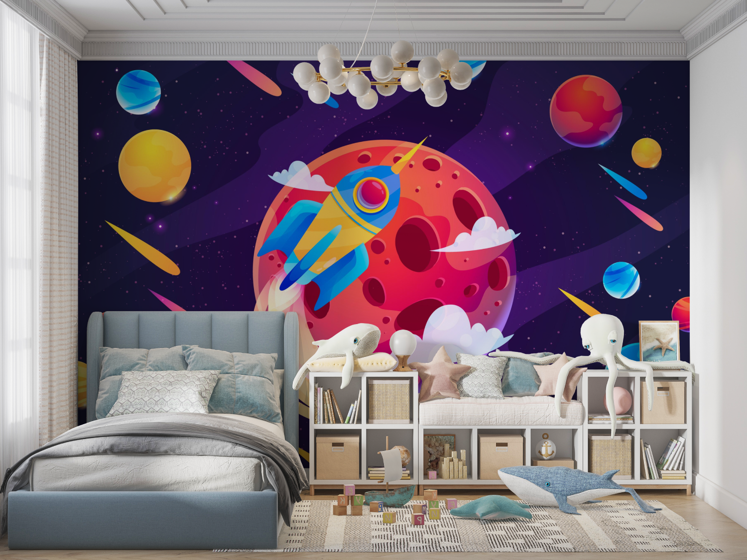 Papier peint espace pluie de meteorites panoramique garcon