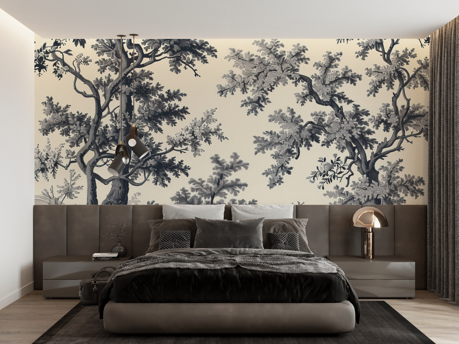 Papier Peint Toile De Jouy Noir Et Beige - tapisserie