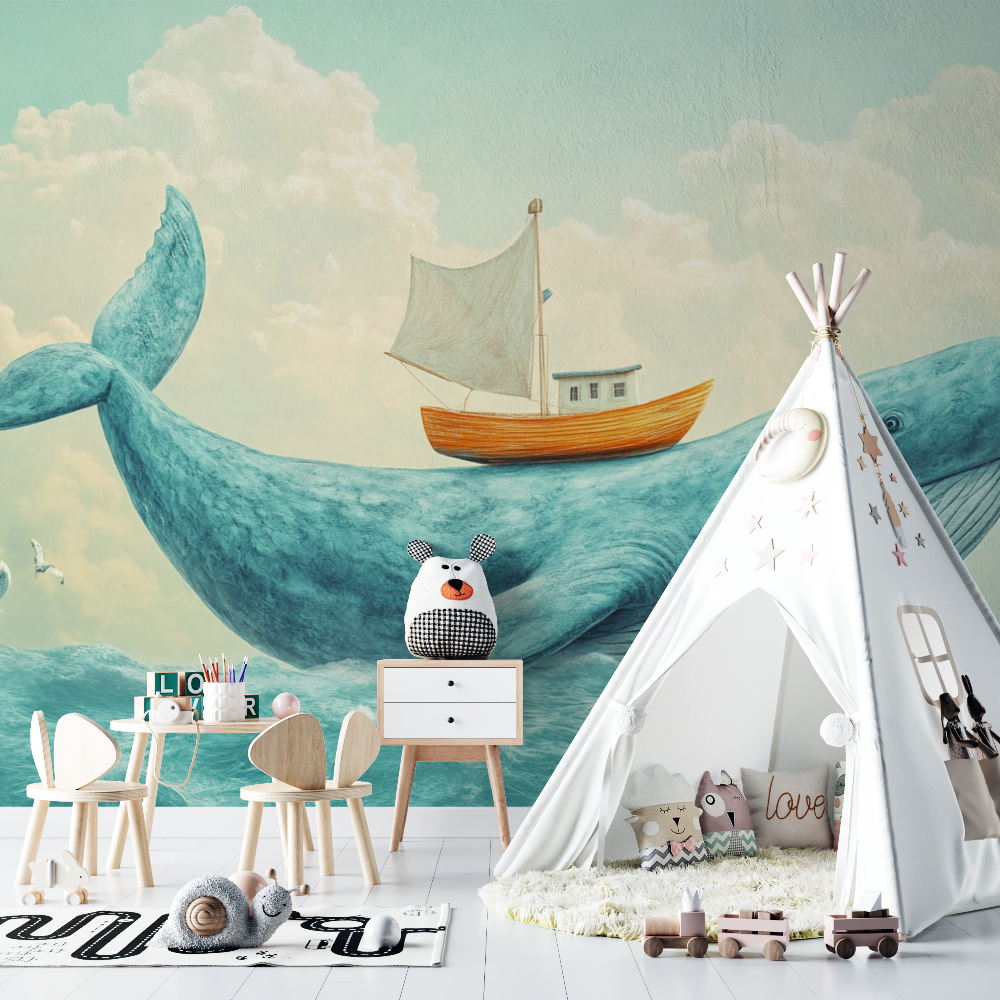 Papier peint baleine panoramique bleu ciel chambre bebe