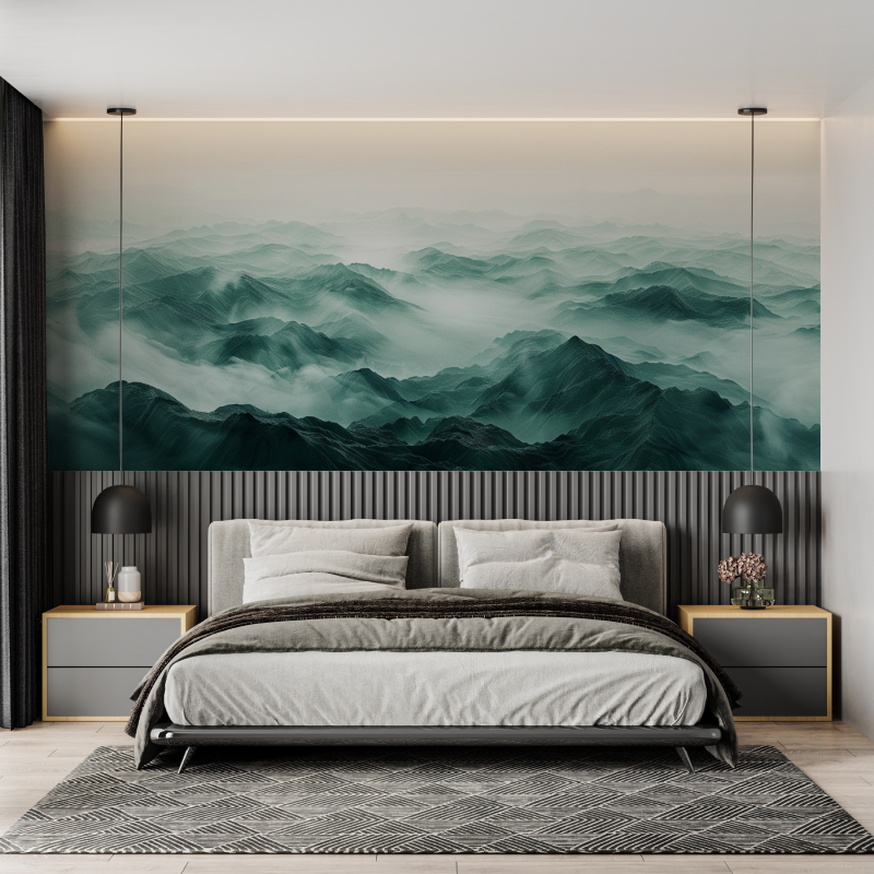 Papier peint salle de bain illu...ontagnes vert mural adulte