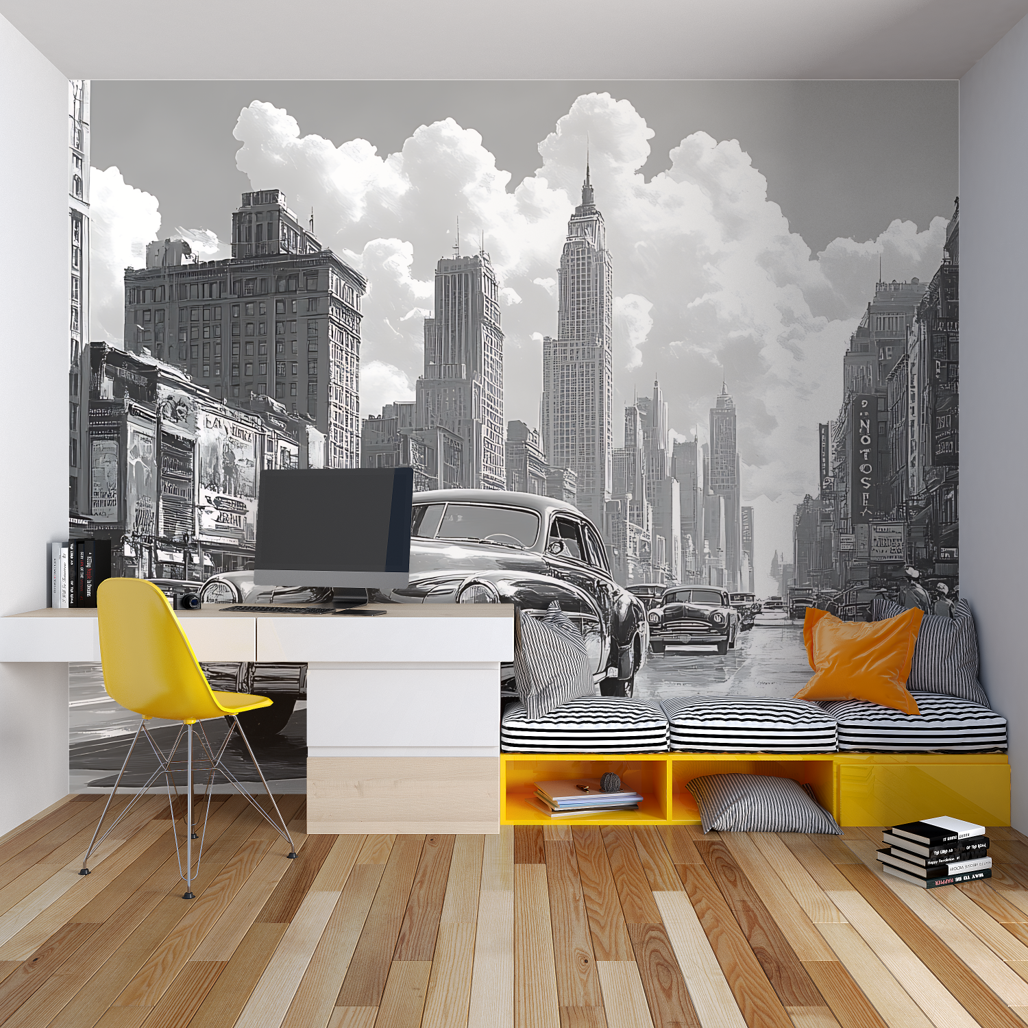Papier peint noir et blanc voiture usa chambre garcon lit