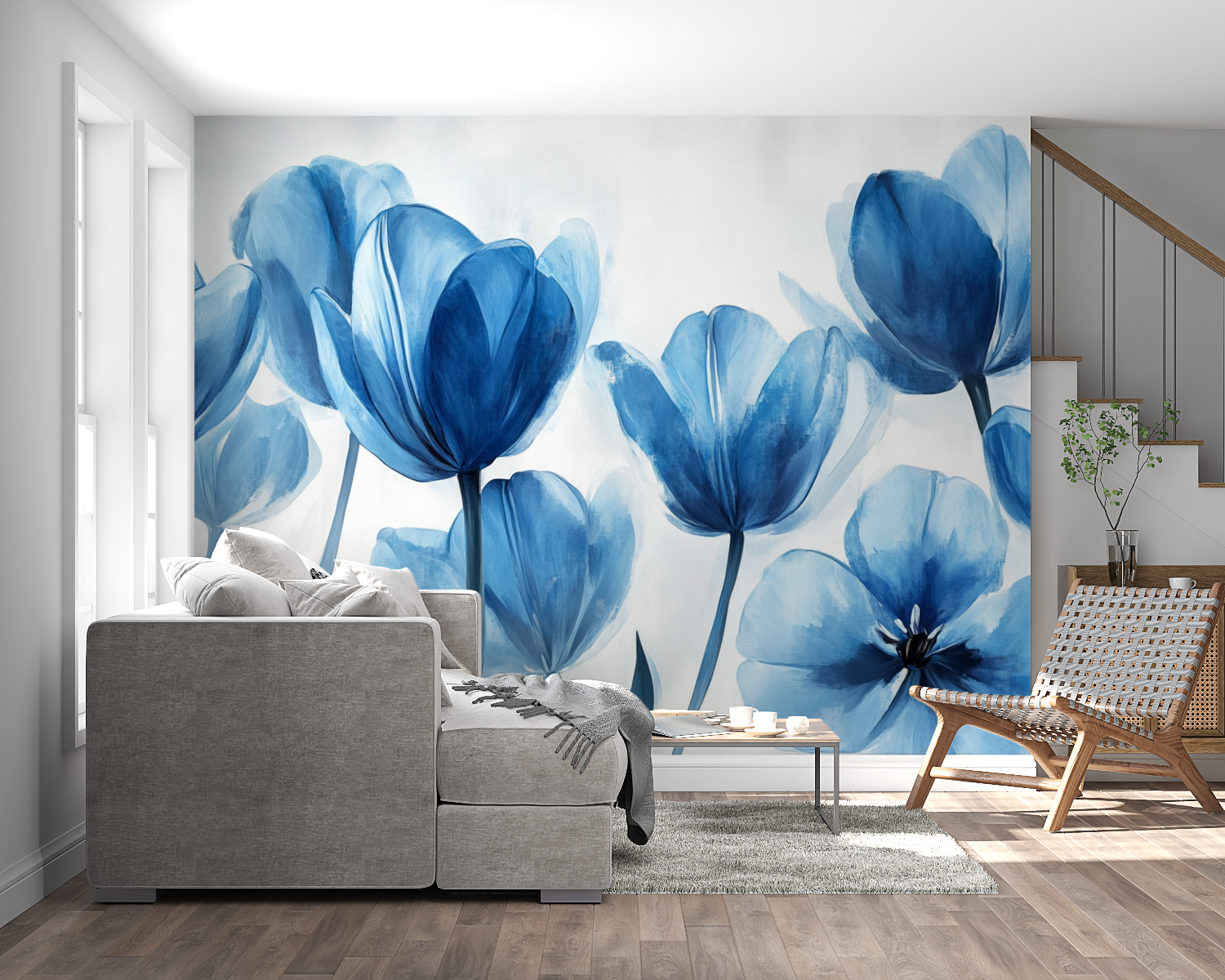 Papier peint tulipes bleues panoramique mural