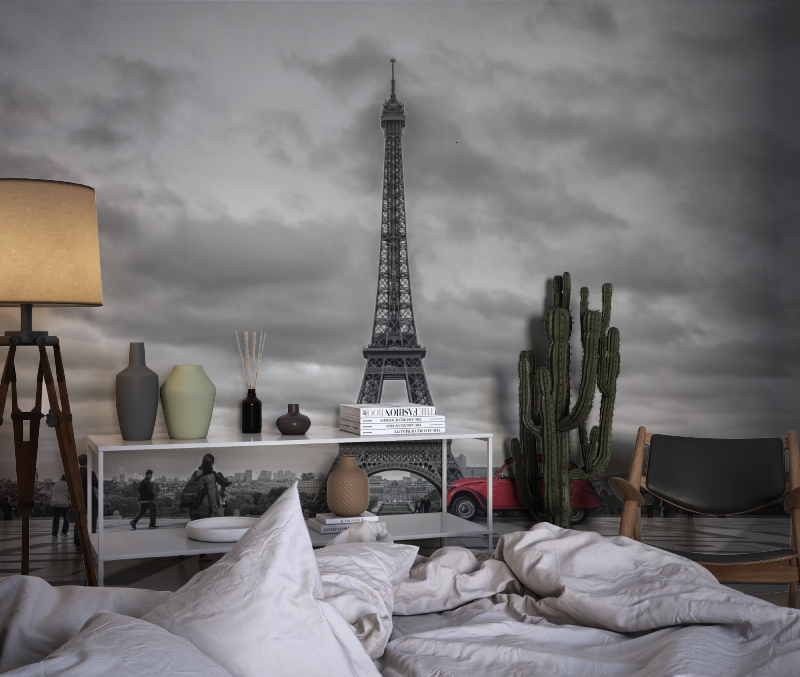 Papier peint noir et blanc avec voiture rouge chambre dado1