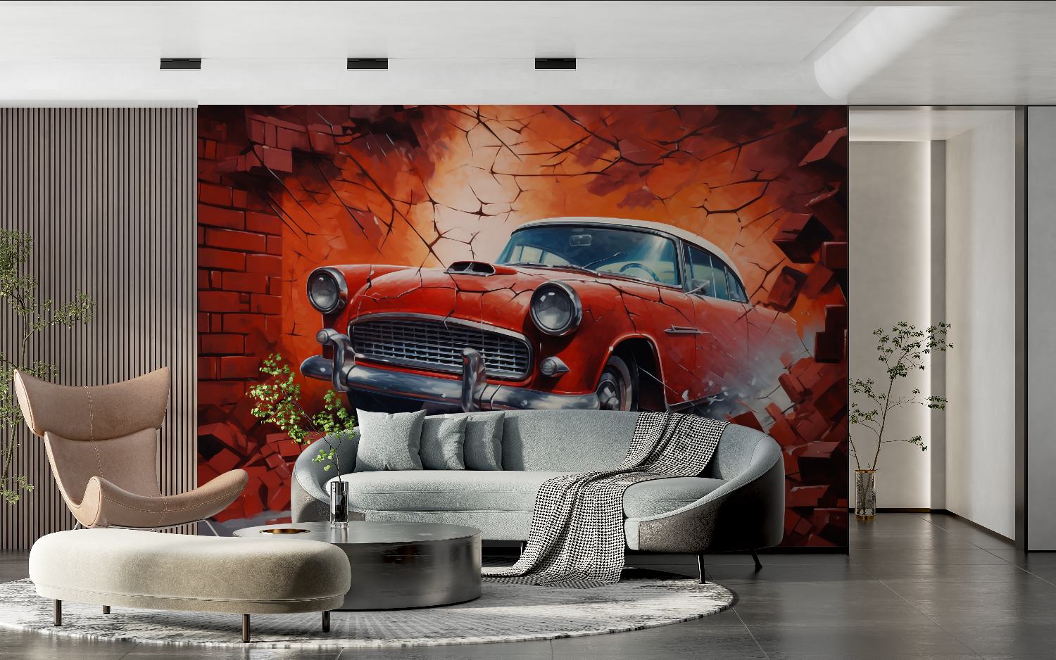 Papier peint trompe loeil voiture brique tendance 2024