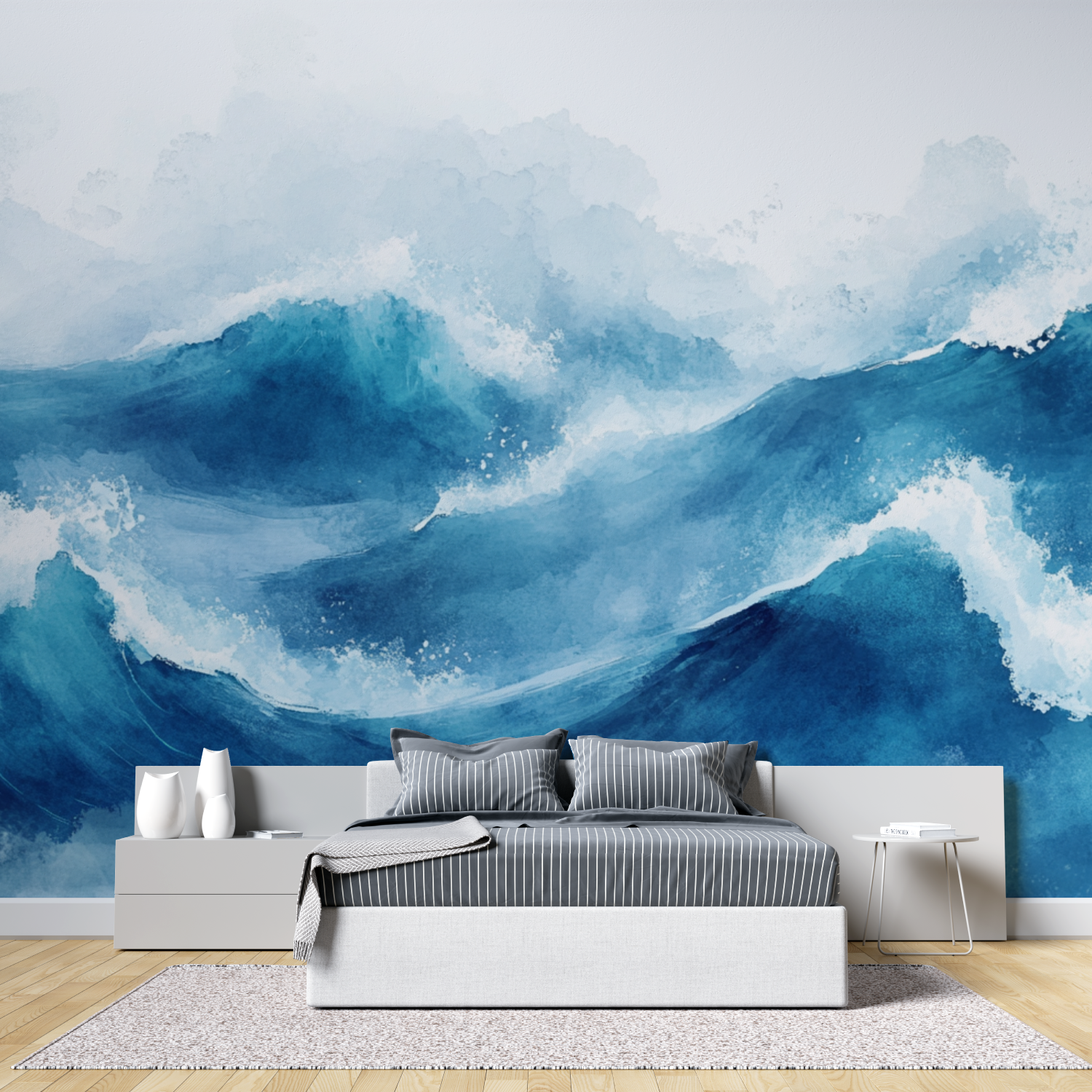 Papier peint aquarelle vague bleue dynamique tete de lit