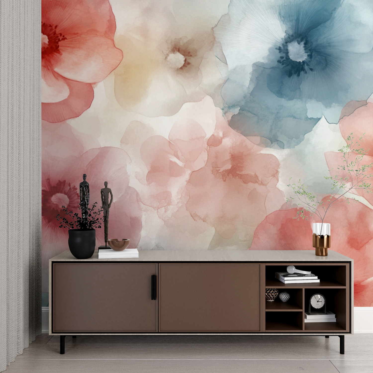 Papier peint aquarelle fleurs aeriennes delicates imprime