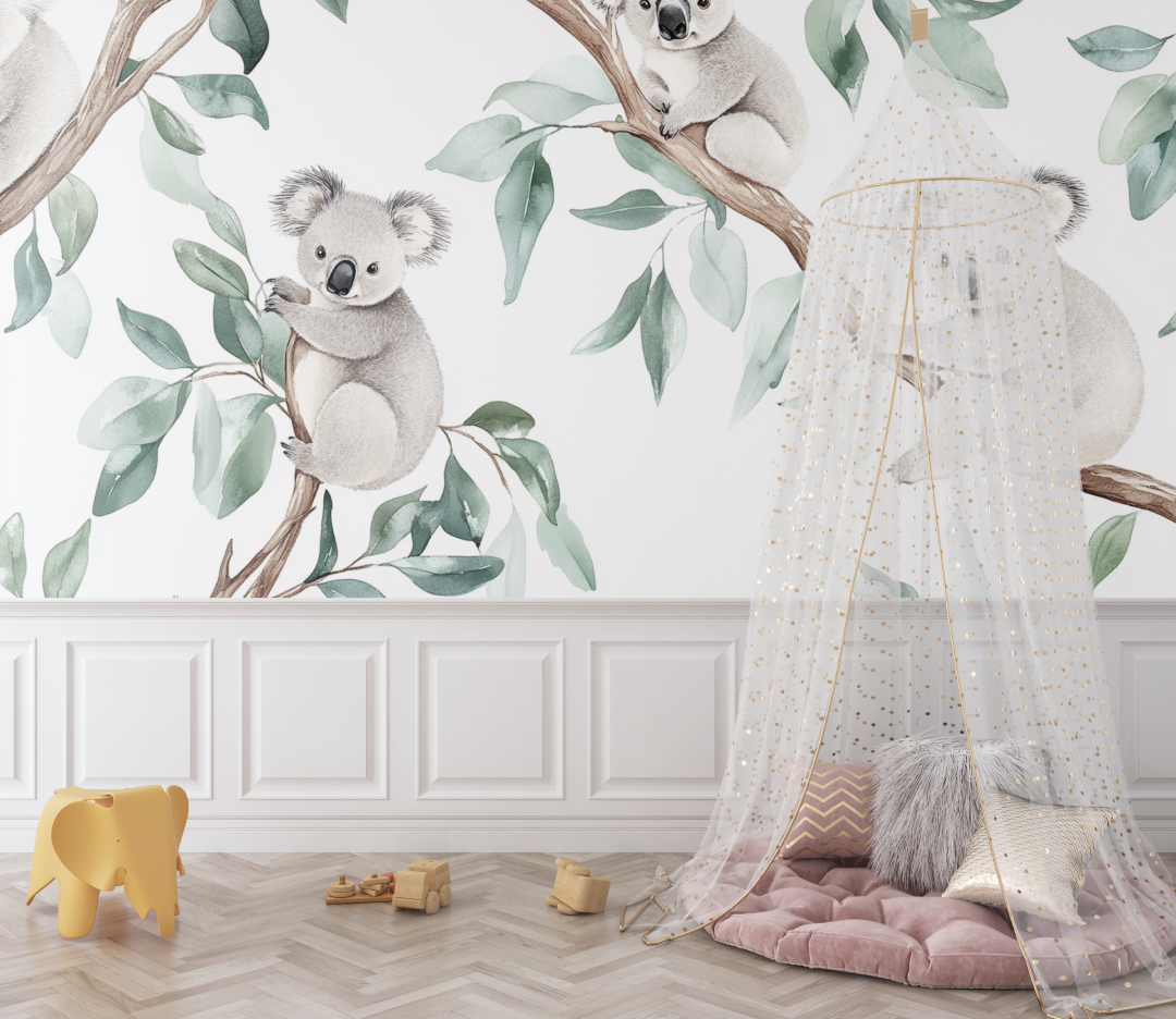 Papier peint koala suspendu a une branche bebe