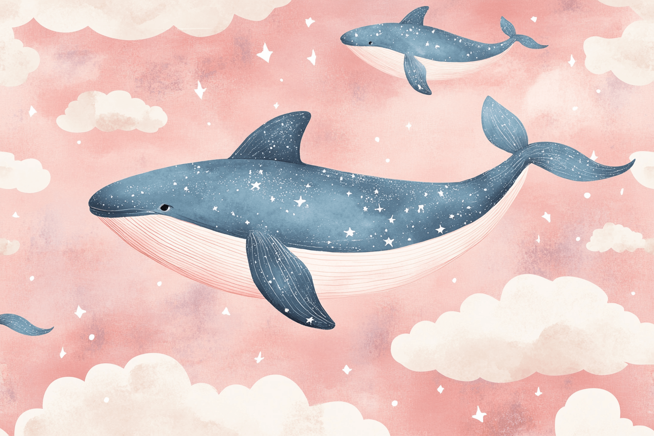 Papier Peint Fille Classique Nuages Roses et Baleine