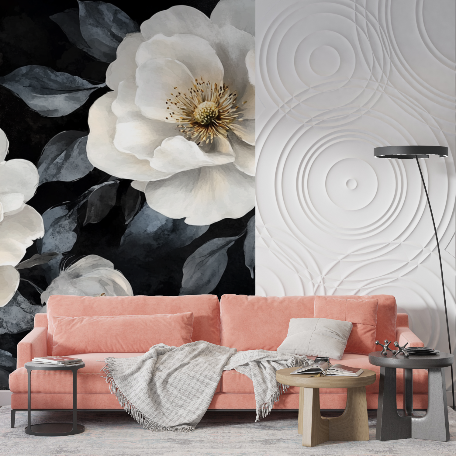 Papier peint aquarelle fleurs blanches et noires mur