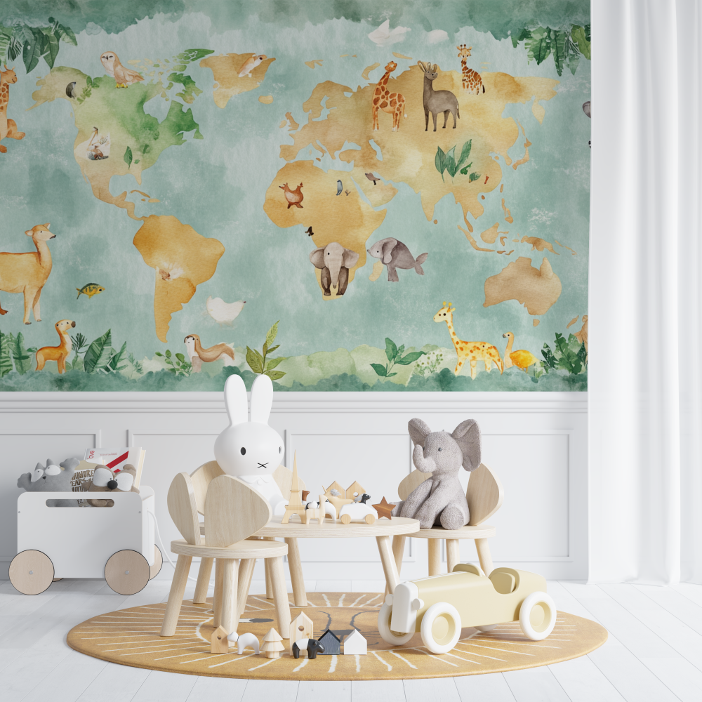 Papier peint carte du monde ter...ee animaux chambre de bebe