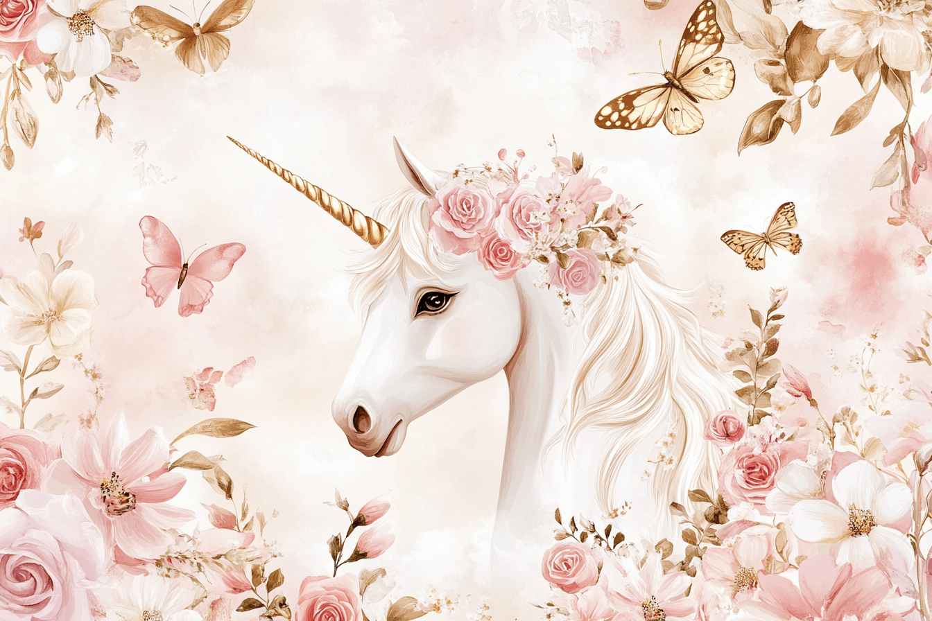 Papier Peint Licorne Princesse et Petites Fleurs